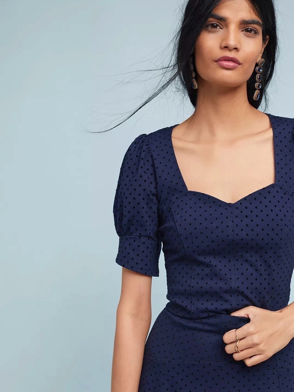 Anthropologie Shirt Womens xSmall Blue Black Polka Dot Sevigny Ponte Puff Maeve‎